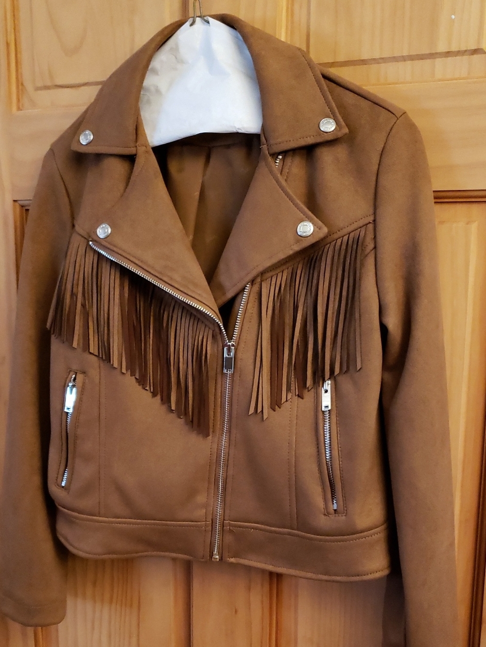 Women's Tan Fringe Moto Jacket - Suede-Effect
